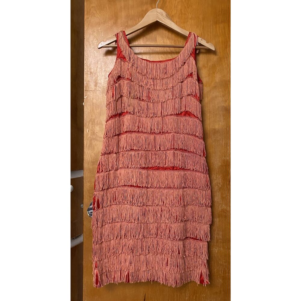Vintage 50s 60s Red Fringe Wiggle Dress Western Flapper Boho Rodeo Mod Size S